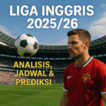 Pemain sepak bola realistis dengan jersey merah di stadion penuh penonton, bola melayang di udara, dan teks “Liga Inggris 2025/26: Analisis, Jadwal & Prediksi