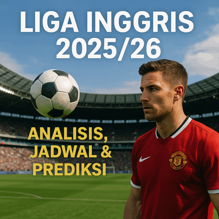 Pemain sepak bola realistis dengan jersey merah di stadion penuh penonton, bola melayang di udara, dan teks “Liga Inggris 2025/26: Analisis, Jadwal & Prediksi