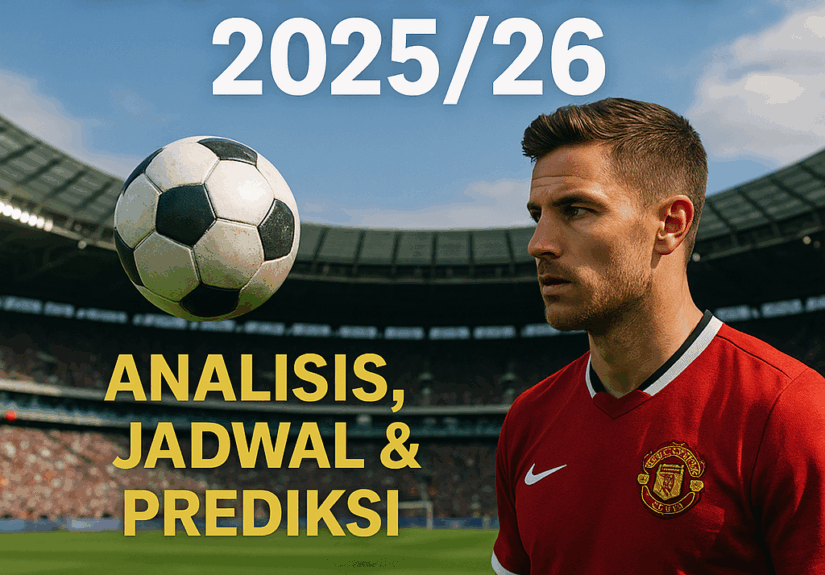 Pemain sepak bola realistis dengan jersey merah di stadion penuh penonton, bola melayang di udara, dan teks “Liga Inggris 2025/26: Analisis, Jadwal & Prediksi