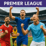 Pemain sepak bola merayakan gol pada pertandingan Liga Inggris dengan latar stadion penuh penonton