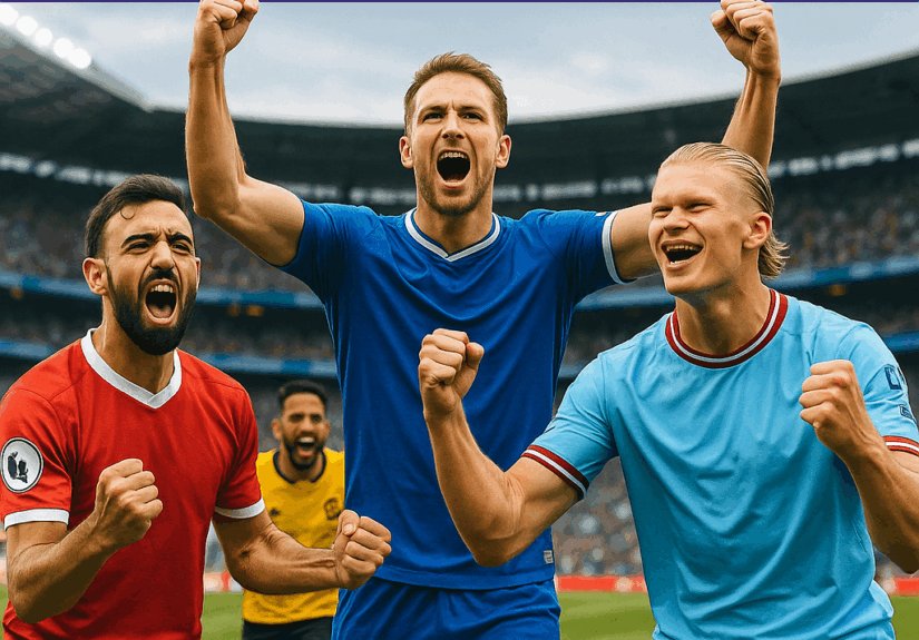 Pemain sepak bola merayakan gol pada pertandingan Liga Inggris dengan latar stadion penuh penonton