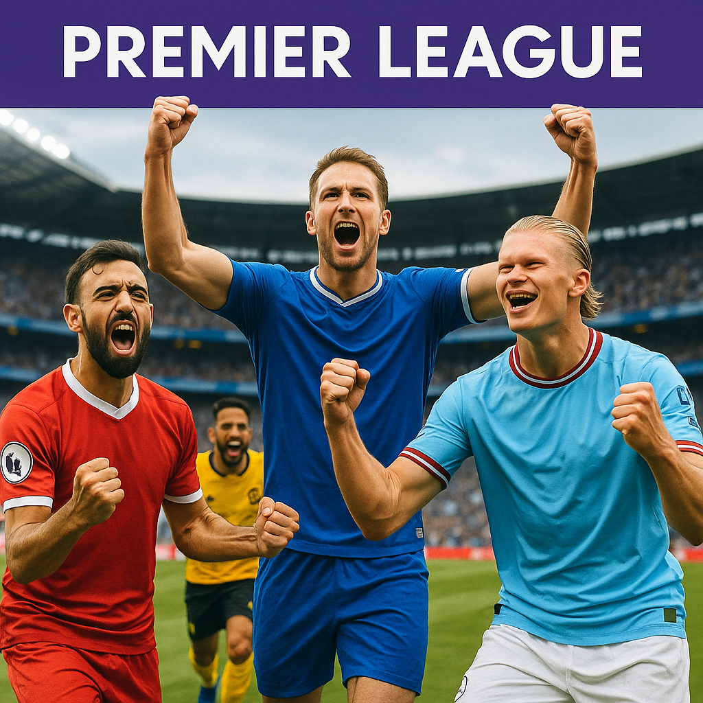 Pemain sepak bola merayakan gol pada pertandingan Liga Inggris dengan latar stadion penuh penonton