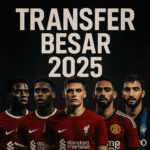 Kolase poster gelap menampilkan lima pemain sepak bola yang pindah klub pada Transfer Besar 2025, termasuk Frimpong, Wirtz, Kerkez, Cunha, dan bintang lainnya, dengan gaya dramatis dan tone gelap.