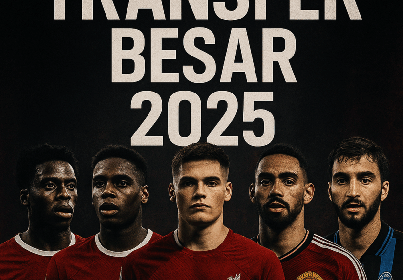Kolase poster gelap menampilkan lima pemain sepak bola yang pindah klub pada Transfer Besar 2025, termasuk Frimpong, Wirtz, Kerkez, Cunha, dan bintang lainnya, dengan gaya dramatis dan tone gelap.