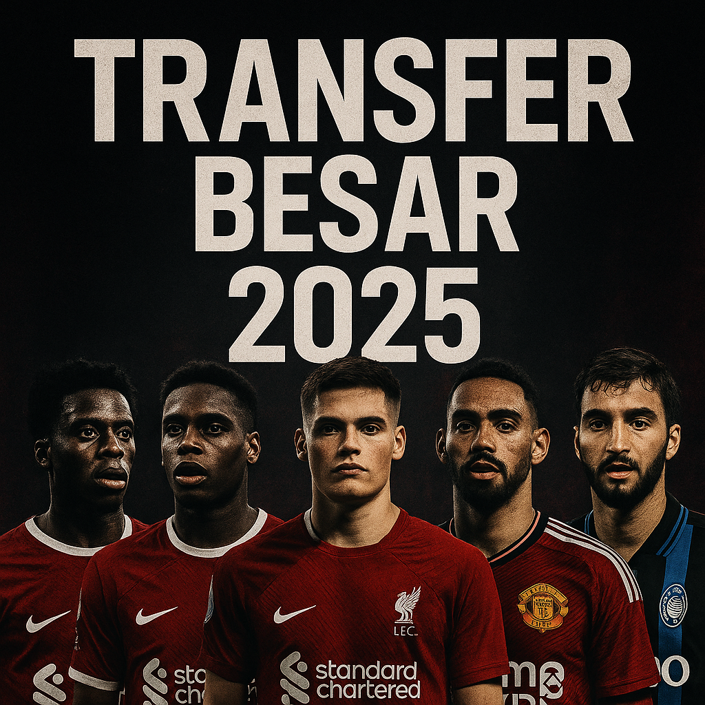 Kolase poster gelap menampilkan lima pemain sepak bola yang pindah klub pada Transfer Besar 2025, termasuk Frimpong, Wirtz, Kerkez, Cunha, dan bintang lainnya, dengan gaya dramatis dan tone gelap.