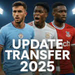 Kolase empat pemain sepak bola — Nico González, Mathys Tel, Vinícius Júnior, dan Marc Guehi — dalam suasana stadion malam dengan teks “Update Transfer 2025”.