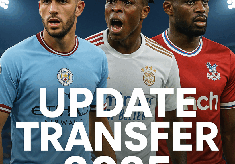 Kolase empat pemain sepak bola — Nico González, Mathys Tel, Vinícius Júnior, dan Marc Guehi — dalam suasana stadion malam dengan teks “Update Transfer 2025”.