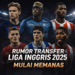 Kolase pemain bintang Liga Inggris dalam rumor transfer 2025 dengan gaya poster gelap