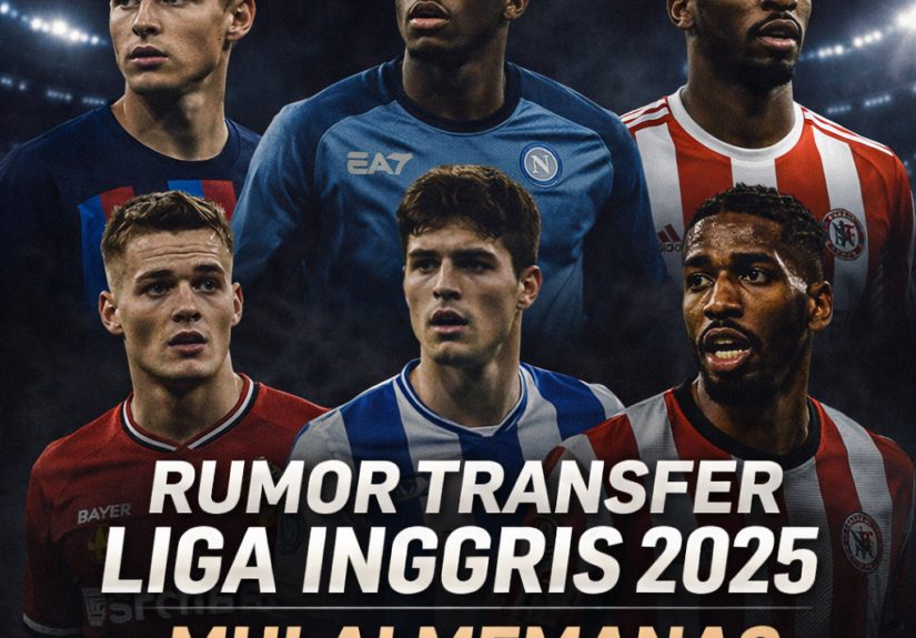 Kolase pemain bintang Liga Inggris dalam rumor transfer 2025 dengan gaya poster gelap