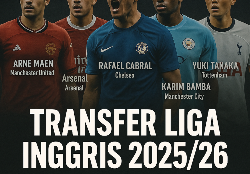 Kolase pemain bola yang dirumorkan dalam transfer Liga Inggris 2025/26 dengan gaya poster gelap, menampilkan João Neves, Matías Gonzalez, Jannik Vestergaard, Keito Nakamura, dan Jean-Pedro lengkap dengan nama klub tujuan.