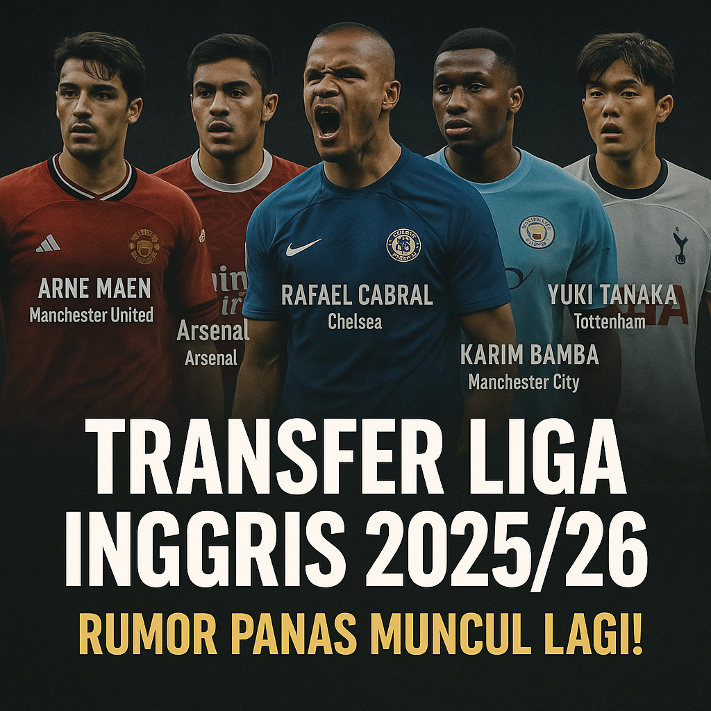Kolase pemain bola yang dirumorkan dalam transfer Liga Inggris 2025/26 dengan gaya poster gelap, menampilkan João Neves, Matías Gonzalez, Jannik Vestergaard, Keito Nakamura, dan Jean-Pedro lengkap dengan nama klub tujuan.